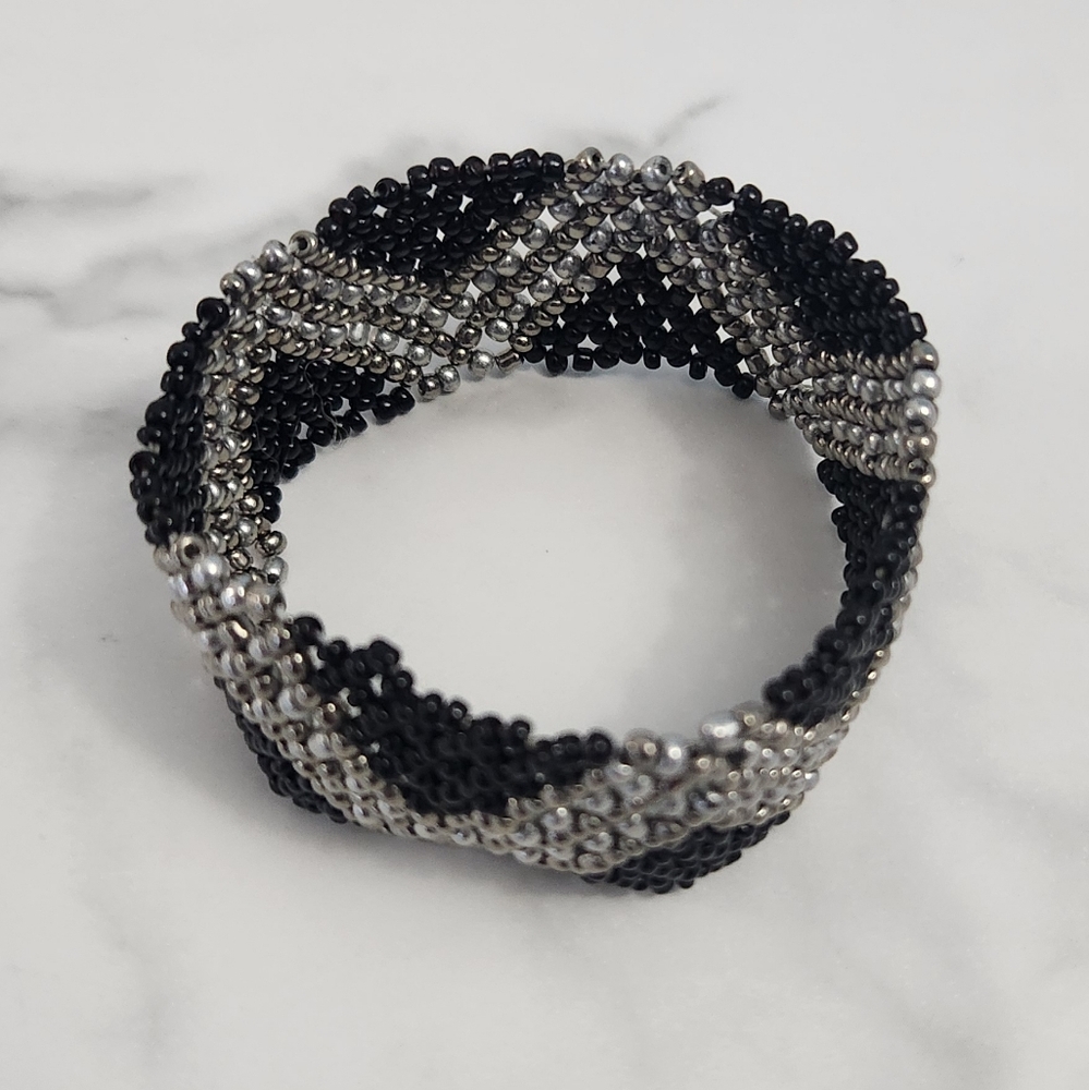 Paparazzi Desert Loom Black, Silver & White Beaded Elastic Bracelet - Picture 6 of 8
